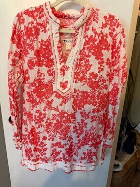 I Love Linen-Coral Floral V-Neck Embroidered Tunic